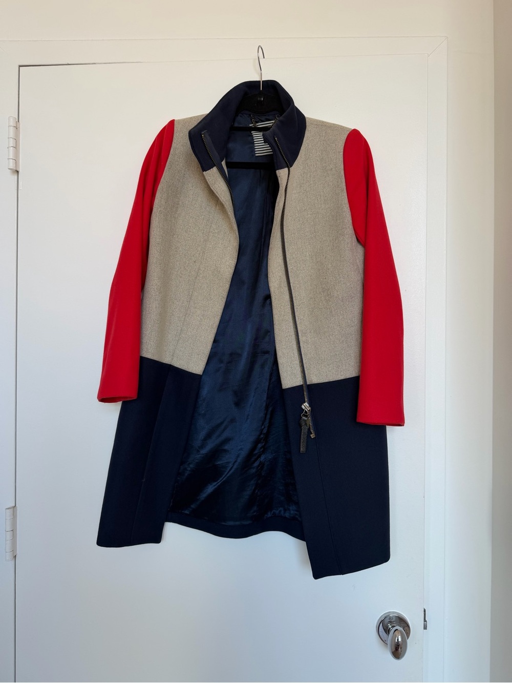 J. Crew Red Sleeve Colorblock Wool Coat with Navy and Cream Panels
